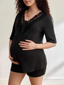Moonlight&Mama 蕾丝拼接舒适休闲家居服套装，易于穿着，适合哺乳期和孕期女性 - 黑色 - 查看 1