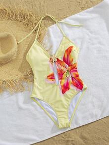 Swim Vcay 女士春夏沙滩音乐节花卉印花金属V领时尚性感优雅连体泳衣 - 彩色 - 查看 3