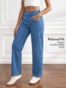 SHEIN Unity Women's Pocket Button Casual Versatile Daily Wear Wide Leg Jeans - Light Wash - View 4