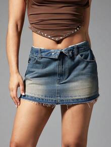 Denimoi Fold Over Waistband Raw Edge Denim Mini Skirt Sexy Skirts Fashionable Streetwear Concert - Medium Wash - View 1