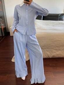 DAZY Women's Contrast Color Collar Patchwork Polka Dot Fabric Ruffle Trim Pajama Set - Blue - View 4