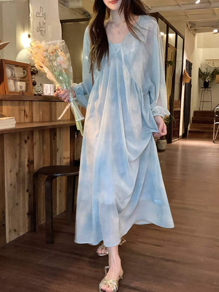Women's Elegant V-Neck Batwing Sleeve Dress, Two Pieces Set With Slip Dress Maxi Dress Sundress