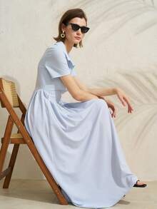 Airaco 女士休闲纯色短袖连衣裙，夏季 - 灰藍色 - 查看 8