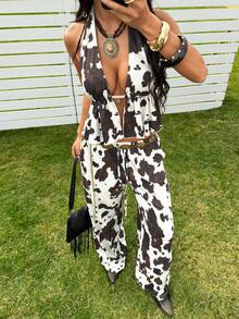 SHEIN EZwear Western Style Sleeveless Halter Backless Asymmetrical Print Summer Fashion Set - Mocha Brown - View 4