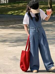DAZY Tween Girl Striped Pleated Pocket Drawstring Waist Wide Leg Casual Denim Jumpsuit - Blue - View 5