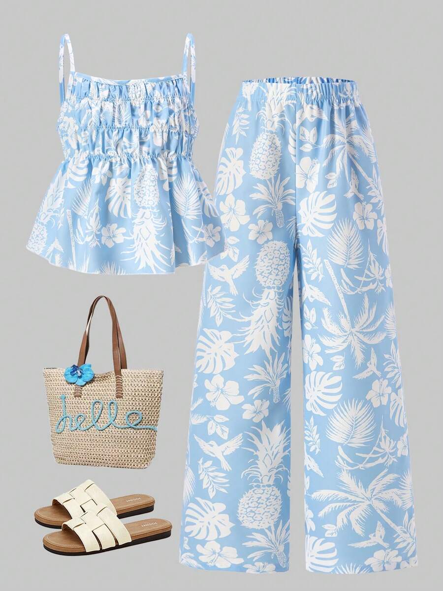 ChillGRL 2件套少女休闲甜美可爱度假风印花吊带背心搭配松紧腰阔腿裤套装，适合日常通勤、度假、姐妹街拍 - 藍色 - 查看 1