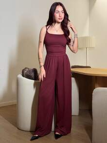 Abrilcols Women's Casual Pleated Loose Straight Leg Jumpsuit, Spring/Summer - Burgundy - View 1