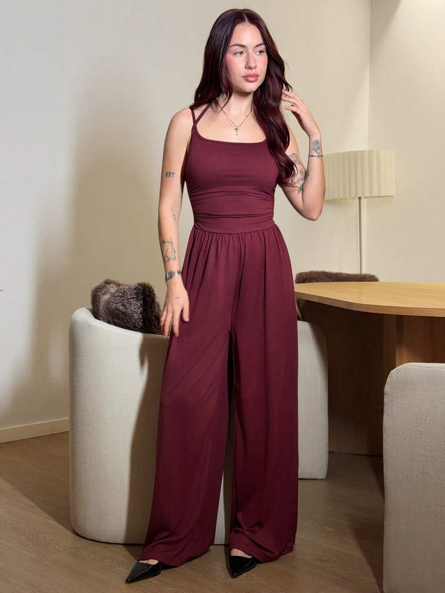 Abrilcols Women's Casual Pleated Loose Straight Leg Jumpsuit, Spring/Summer - Burgundy - View 1