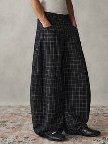 SWAVVY Men's Casual Plaid Loose Pocket Pants, Autumn - Black - View 4