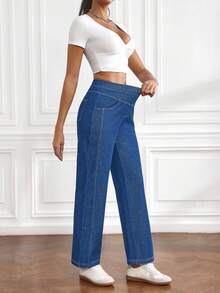 Flexra 女士直筒休闲高弹牛仔裤，夏季百搭 - 中等水洗藍 - 查看 6