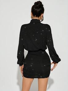 SHEIN PETITE Đầm dự tiệc Tea Party cổ cao xếp ly ôm vừa vặn - màu đen - Xem 12
