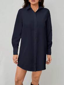 SHEIN Tall White Shirt Style Work Dress For Women, Spring - Navy Blue - View 6