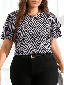 SHEIN Clasi Blusa de talla grande con cuello redondo, mangas de doble capa y estampado de rayas - Lila Púrpura - Ver 1