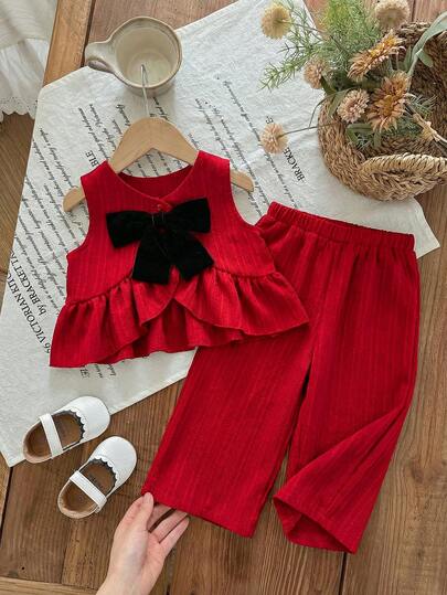SHEIN Babygirl Cute Casual Red Crepe Bow Decor Camisole & Elastic Waist Pants Set