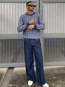 Ngobest Haus Ngobest Haus 男士休闲复古提花圆领轻薄针织衫，欧美亚洲风格，秋冬款 - 藏蓝色 - 查看 4