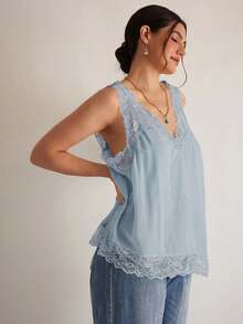 Freevana Camiseta de mujer de talla grande, romántica y elegante, con nuevo diseño de encaje y parches para la primavera temprana - Celeste - Ver 3