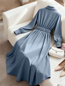 GlowEve CURVE Plus Size Women Casual Solid Color Lapel Lantern Sleeve Button Pleated Waist A-Line Dress Blue Elegant Dress Women - Dusty Blue - View 2