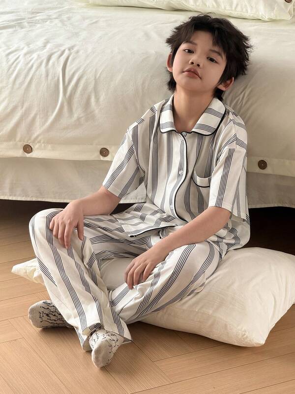 DAZY Tween Boys Drop Shoulder Short Sleeve Button Front Striped Casual Loose Pajama Set
