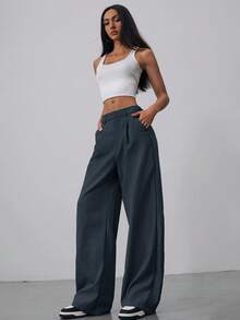 Aloruh Women's Straight Leg Wide Leg Super Long Trousers With Double Waistband Design, Suitable For Commuting, Daily Wear, Office, Autumn/Winter - Navy Blue - View 5