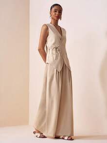 Zivah 2pcs Casual Vacation Linen Texture Knotted Collar Vest And Pleated Long Pants Set For Women Yacht Outfit Women Working Dress For Women Wool Two Pieces Women's Work Clothes For The Office Work Outfits Women - Khaki - View 6