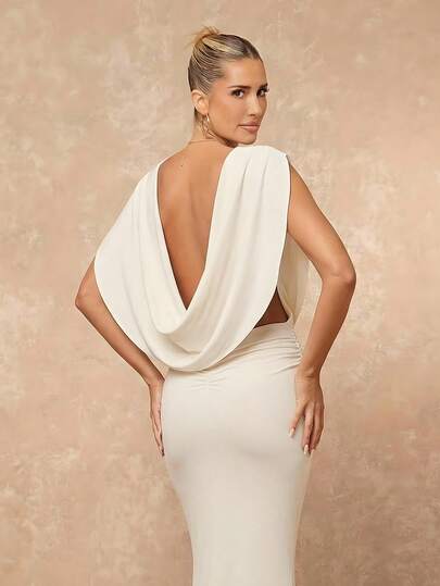 Lumalex Early Spring Boat Neck Backless Oversized Draped Ruched Bodycon Dress For Women Vacation Birthday Outfits Wedding Guest Wedding Party Summer Holiday Beach Outfits Luxury Look QuietLuxe Prom Gathering Party Banquet Modest Old Money Rave Festival Richly Layered Al-Adha Party