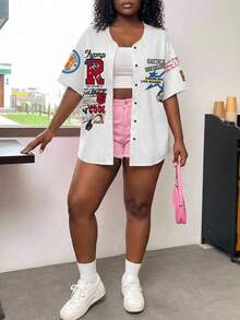 Slaydiva Áo bóng chày tay ngắn hở phía trước rộng rãi cho nữ, phù hợp với phong cách đại học mùa hè và các trò chơi thể thao - Nhiều màu - Xem 2