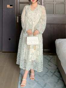 Dazy Plus 时尚花卉蕾丝V领收腰灯笼袖连衣裙，假日度假风，春夏吊带裙 - 綠色 - 查看 6