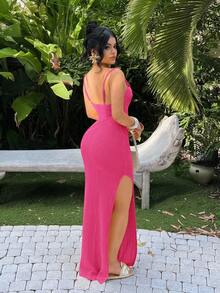 SHEIN SXY 无袖高开衩连衣裙，纯色，夏季 - 玫紅色 - 查看 2