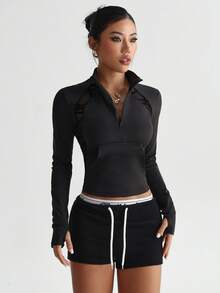 SHEIN Dewbera Women's Patchwork Geometric Mesh Long Sleeve Zipper Partial Placket Sporty Sweatshirt - Black - View 3