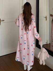DAZY 可爱条纹卡通熊印花褶皱灯笼袖宽松长款女士睡裙 - 粉色 - 查看 2