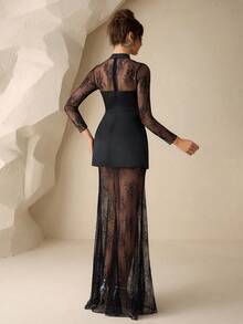 Coutiva 女士立领长袖网纱拼接优雅收腰正式晚礼服（装饰款） - 黑色 - 查看 3