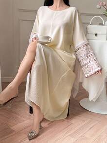 DAZY Women's Casual Geometric Pattern Patchwork Straight Slit Midi Dress, Spring/Summer,Wedding Guest Dress Women Sundress - Apricot - View 3