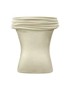 INAWLY Blusa de hombros para mujer talla grande con decoración metálica, estilo francés, para verano - Beis - Ver 3