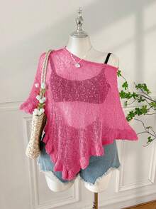 SHEIN EZwear 大码女式夏季外出及海滩度假荷叶边半透明钩针毛衣 - 玫紅色 - 查看 5
