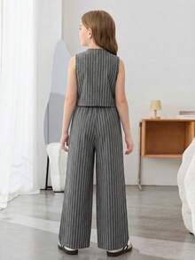 SHEIN 少女休闲度假条纹背心和阔腿裤两件套 - 黑與白 - 查看 2