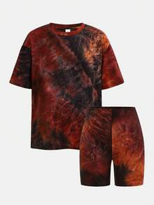 少女休闲扎染宽松圆领T恤和黑色打底裤套装 - 黑色 - 查看 6