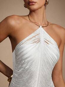 Hauture Đầm dự tiệc gợi cảm dành cho nữ với tua rua treo và trang trí kim loại vàng. - trắng - Xem 2