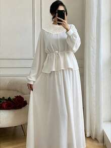 DAZY 2pcs/Set Women Lace Patchwork Cinched Waist Casual Maxi Dress - White - View 2