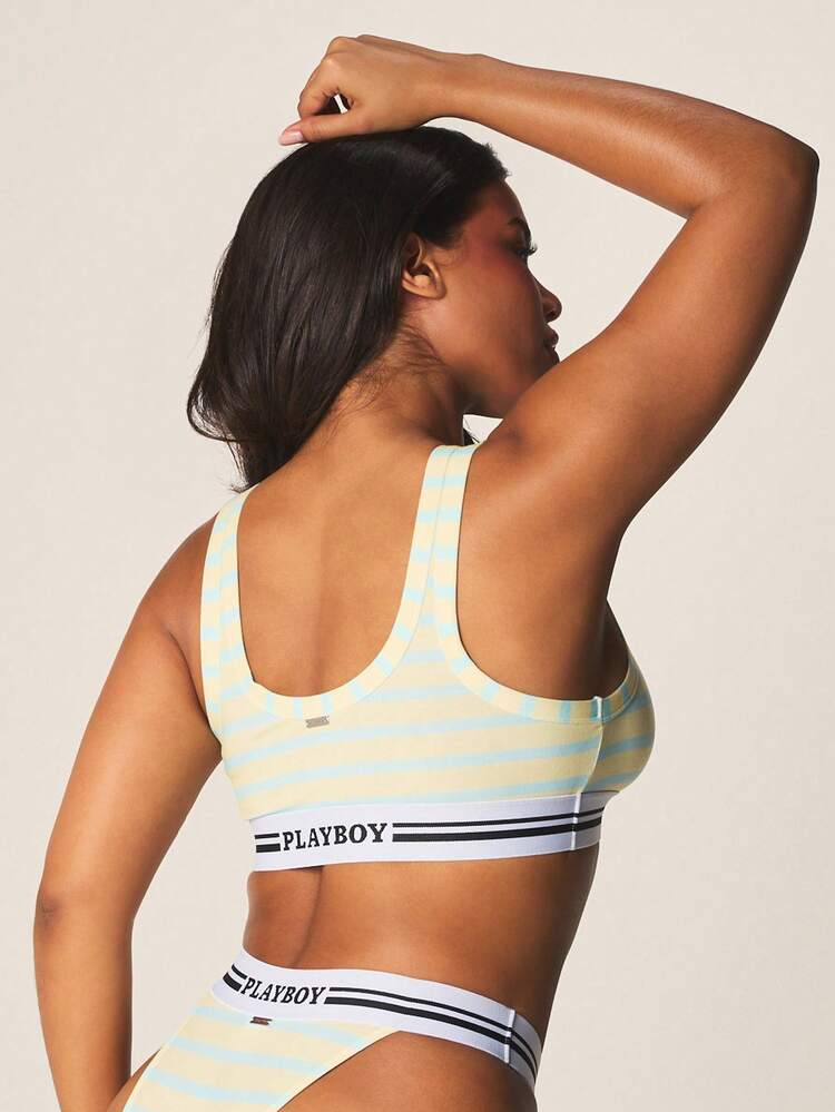 Missguided x Playboy Striped Bralette And Cheeky Panty Set With Horizontal Stripes Elastic Band Logo Detail Pullover Style Matching Lingerie Set