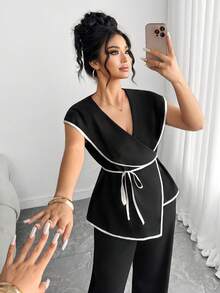 Elenzga Áo thun chữ A cổ tròn không tay, dáng rộng, chất liệu vải dệt màu thời trang xuân/hè cỡ lớn dành cho nữ, kết hợp với quần ống đứng, thoải mái và đa năng, thích hợp mặc thường ngày, dự tiệc, ở nhà, đi làm, bộ 2 món - màu đen - Xem 7