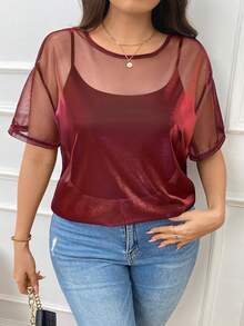 SHEIN Essnce Plus Size Semi-Sheer Iridescent Round Neck Loose Fit Women Top - Burgundy - View 5
