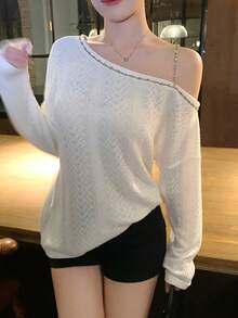 DAZY Women's Spicy Girl Asymmetrical Shoulder Top, Unique Design, Early Spring - White - View 3