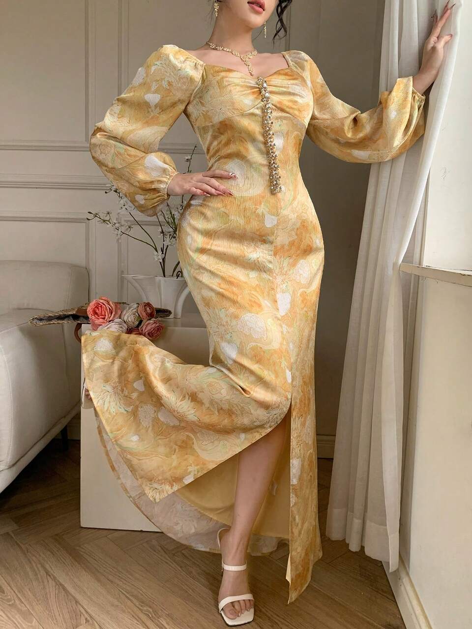 White,Autumn,Elegant,Graphic,Holiday Dinner Shiny Sequin & Ditsy Floral Maxi Dress,Fit & Flare Silhouette,High Slit,Long Sleeve,Wedding Party Sundress