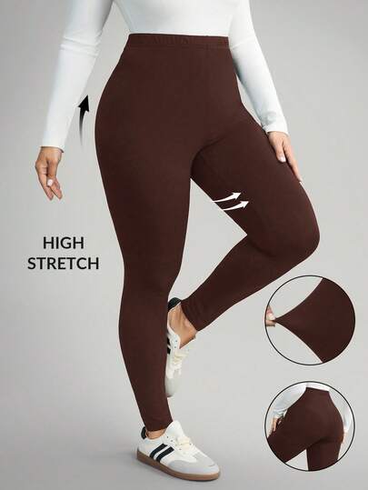 Comfylo Leggings casuales de cintura alta de unicolor para mujer de talla grande