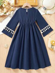 SHEIN Young Girl Vacation Casual Fashion Patchwork Floral Fringe Square Collar Long Sleeve Dress - Navy Blue - View 2