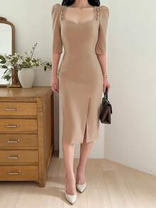 DAZY Women's Square Neck Mid-Sleeve Fitted Waist Midi Dress, Elegant For Commuting Sundress - Apricot - View 4