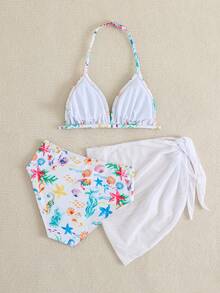 SHEIN 少女比基尼套装，海星贝壳印花三件套泳衣，带裙子，时尚优雅，适合游泳、度假、夏季穿着（印花随机） - 白色 - 查看 2