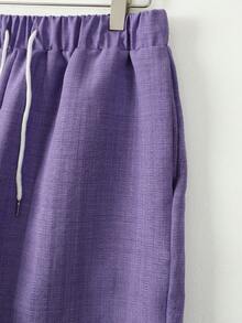 Manfinity RSRT Men's 2 Piece Summer Casual Vacation Set,Solid Color Linen Short Sleeve Front Button Shirt And Shorts Coords,Deep Purple Lavender Outfit For Holiday - Purple - View 5