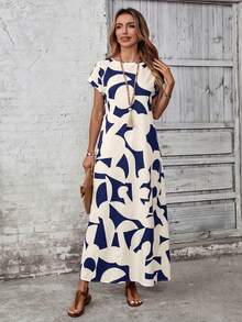 EMERY ROSE Women's Casual Vacation Colorblock Round Neck Short Sleeve Dress ,Summer Women Long Maxi - Navy Blue - View 5