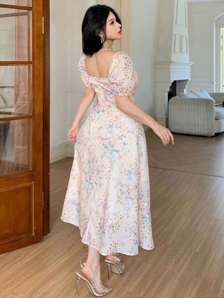 Women's Elegant Floral Print Square Neck Tie Waist Mid-Length Dress, Summer Boho